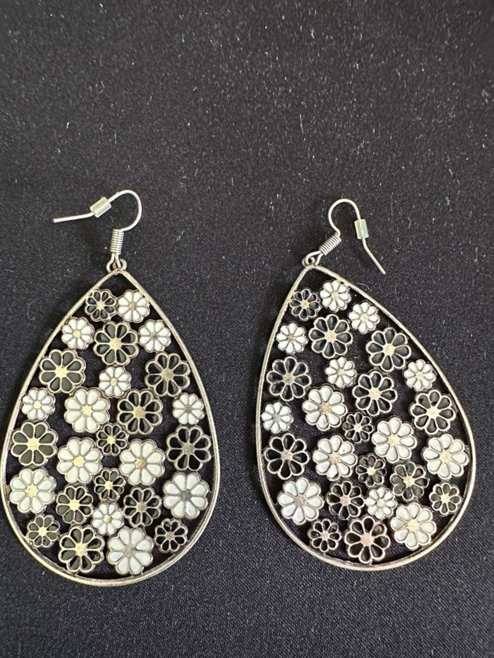 Floral Teardrop Dangle Earrings in Silver and White